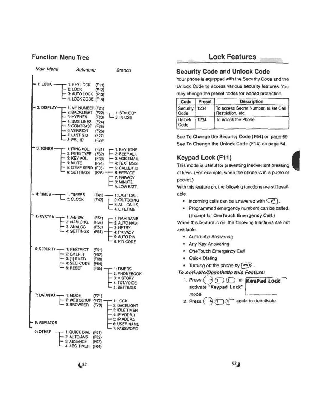 Audiovox CDM 4500 manual Lock Features, Function Menu Tree 