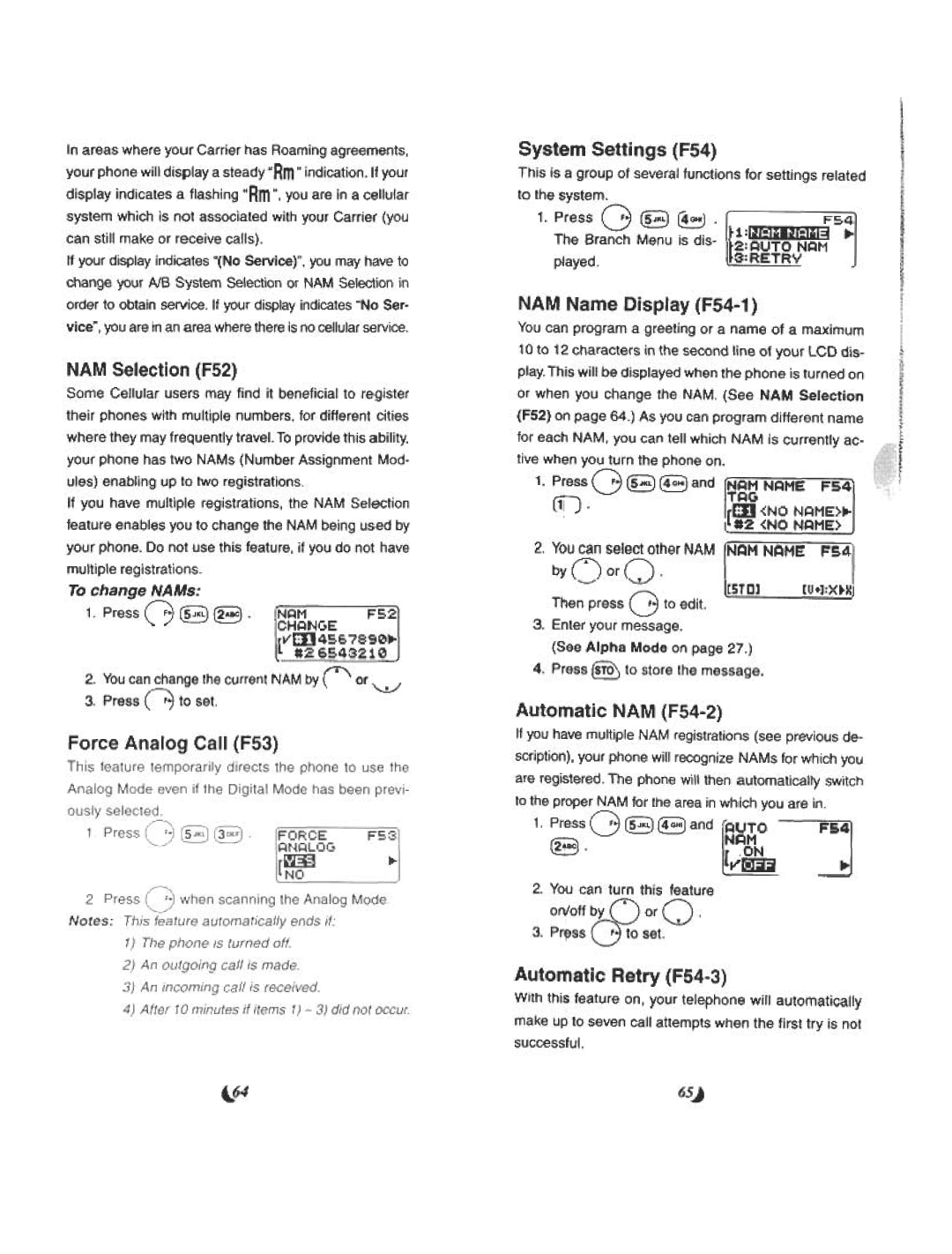 Audiovox CDM 4500 manual Force Analog Call F53, Automatic Retry F54-3, 65J, @3 and ~NAMUTO 