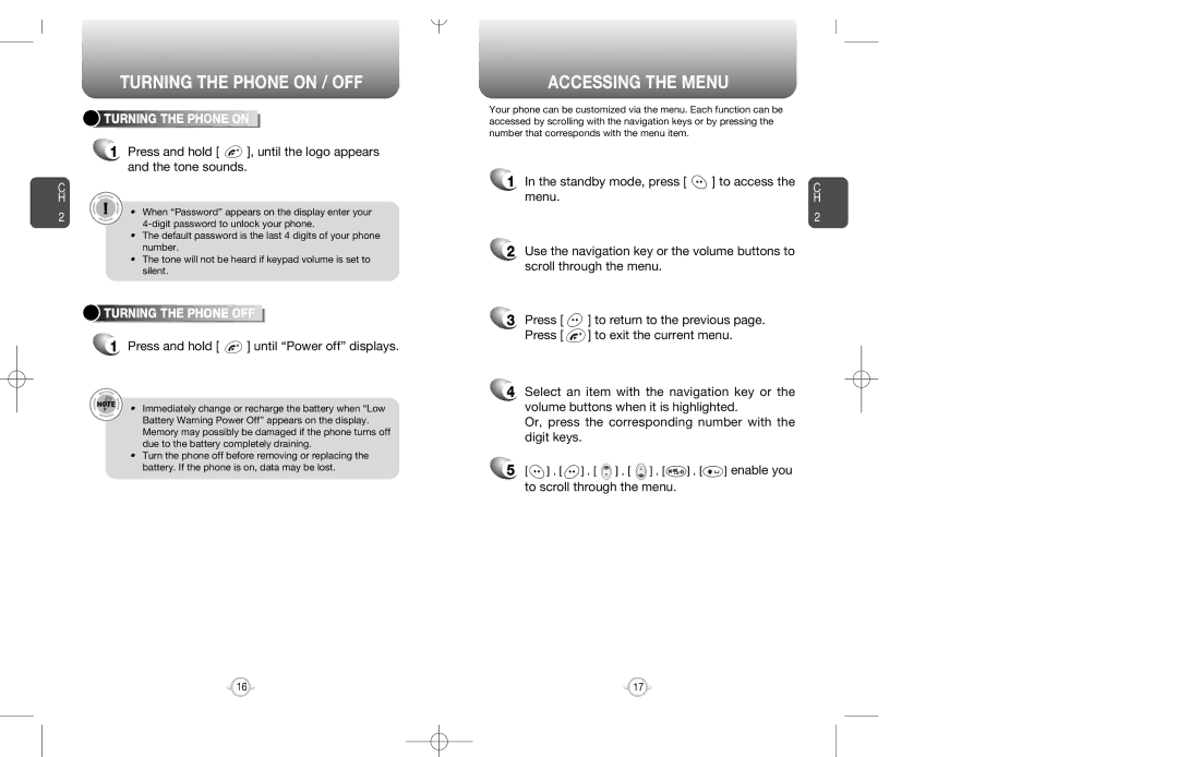 Audiovox CDM-8200 warranty Turning the Phone on / OFF, Accessing the Menu, Turning the Phone OFF 