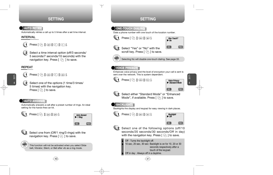 Audiovox CDM-8200 warranty Setting, Auto Retry, Auto Answer, Backlight 