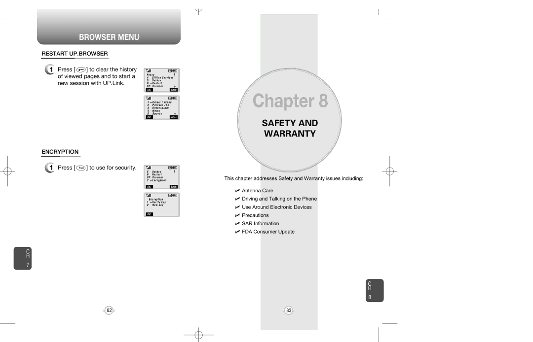 Audiovox CDM-8200 warranty Safety Warranty, Restart UP.BROWSER 