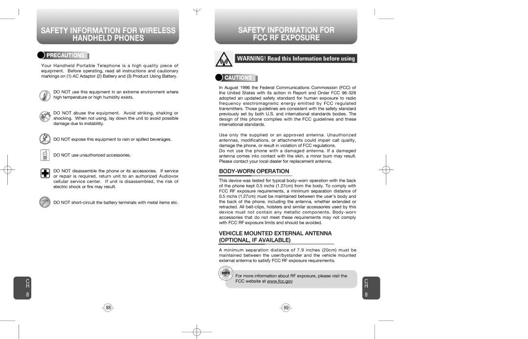 Audiovox CDM-8200 warranty Safety Information for FCC RF Exposure, Precautions, BODY-WORN Operation 