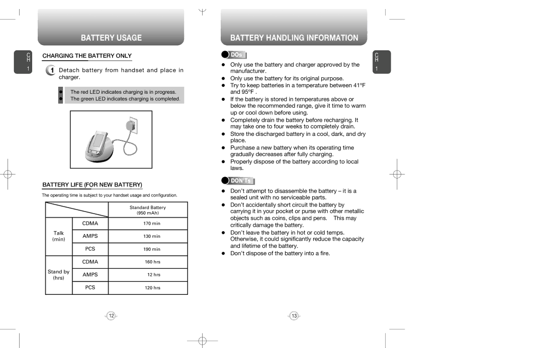 Audiovox CDM-8200 Battery Handling Information, DOs, DON’Ts, Charging the Battery only, Battery Life for NEW Battery 