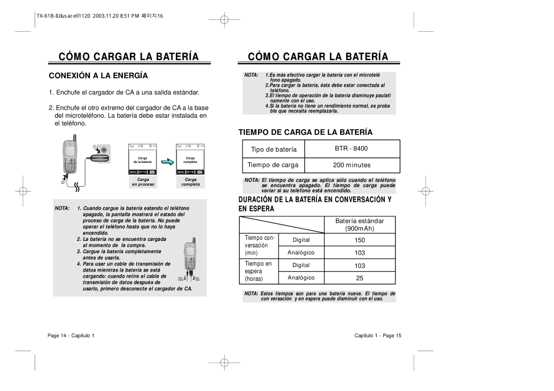 Audiovox CDM 8400 manual Cómo Cargar LA Batería, Conexión a LA Energía, Tiempo DE Carga DE LA Batería 