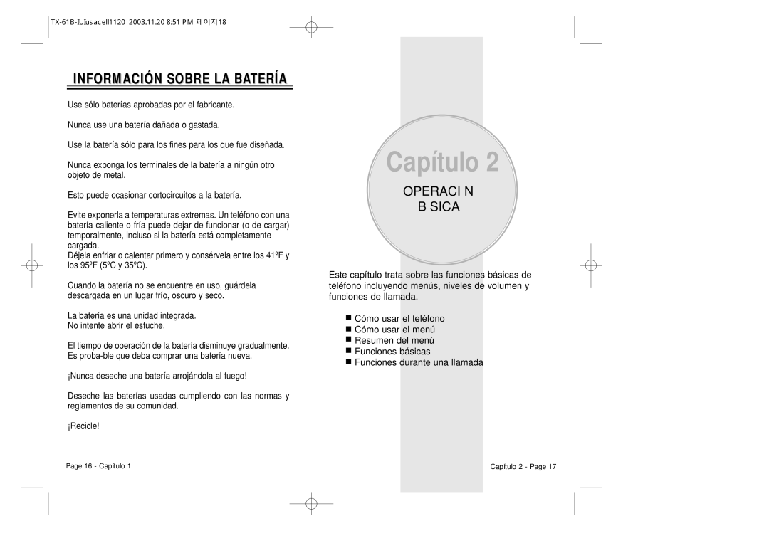 Audiovox CDM 8400 manual Operación Básica, Información Sobre LA Batería 