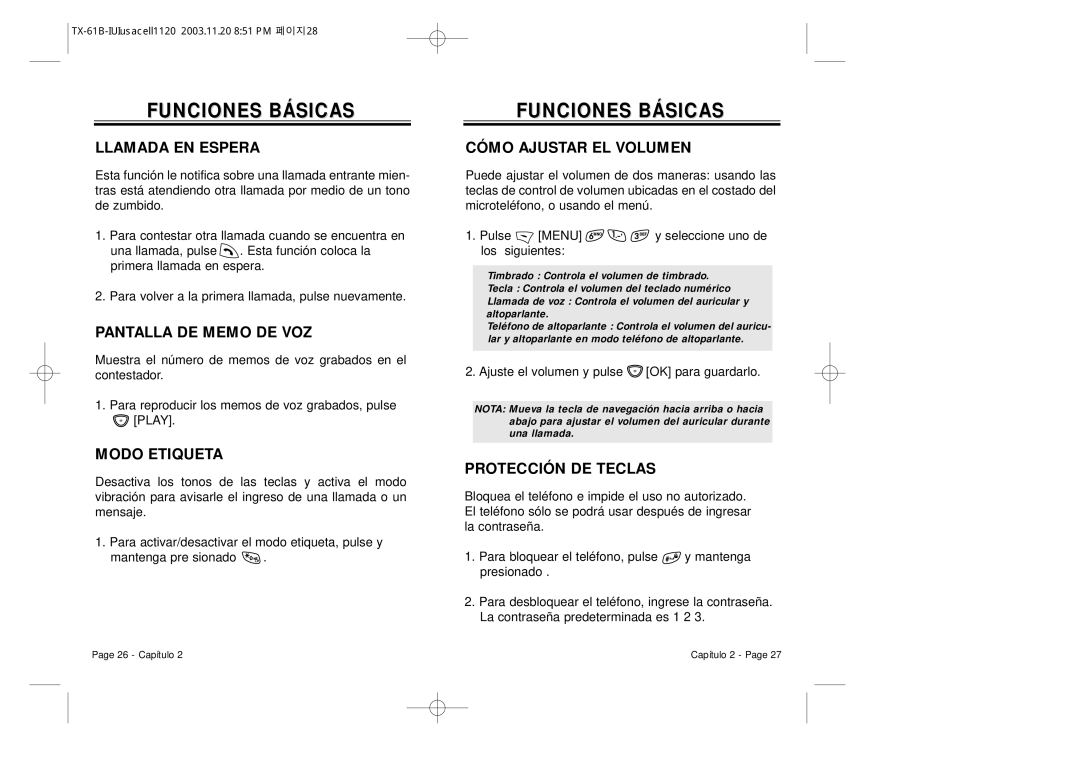 Audiovox CDM 8400 Llamada EN Espera, Pantalla DE Memo DE VOZ, Modo Etiqueta, Cómo Ajustar EL Volumen, Protección DE Teclas 