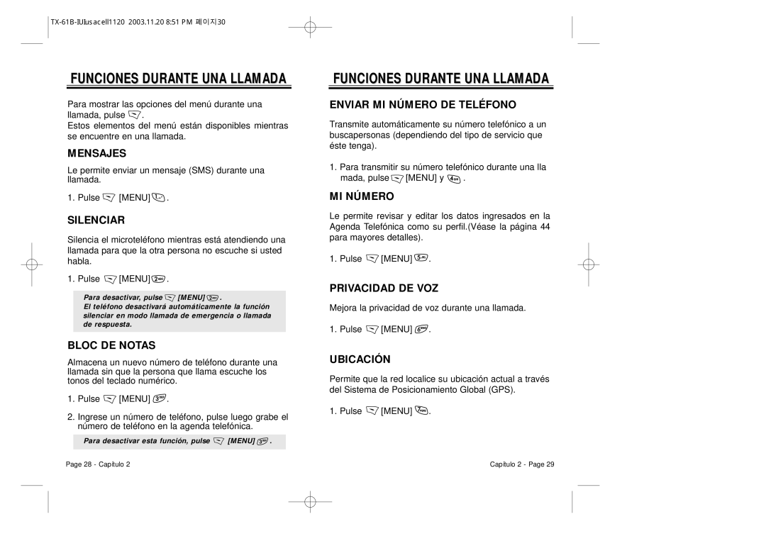 Audiovox CDM 8400 manual Funciones Durante UNA Llamada, Mensajes, Silenciar, Bloc DE Notas, MI Número, Privacidad DE VOZ 