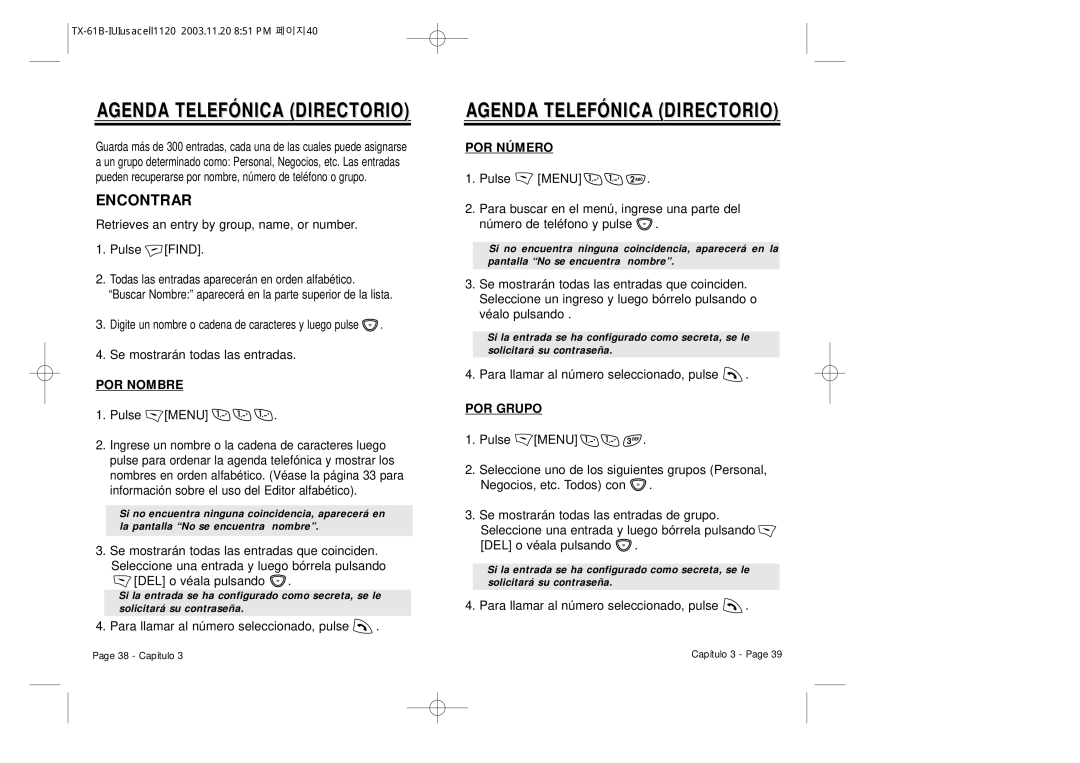 Audiovox CDM 8400 manual Encontrar, POR Nombre, POR Número, POR Grupo 