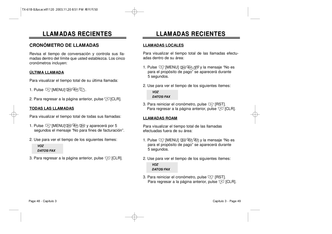 Audiovox CDM 8400 manual Cronómetro DE Llamadas, Última Llamada, Todas LAS Llamadas, Llamadas Locales, Llamadas Roam 