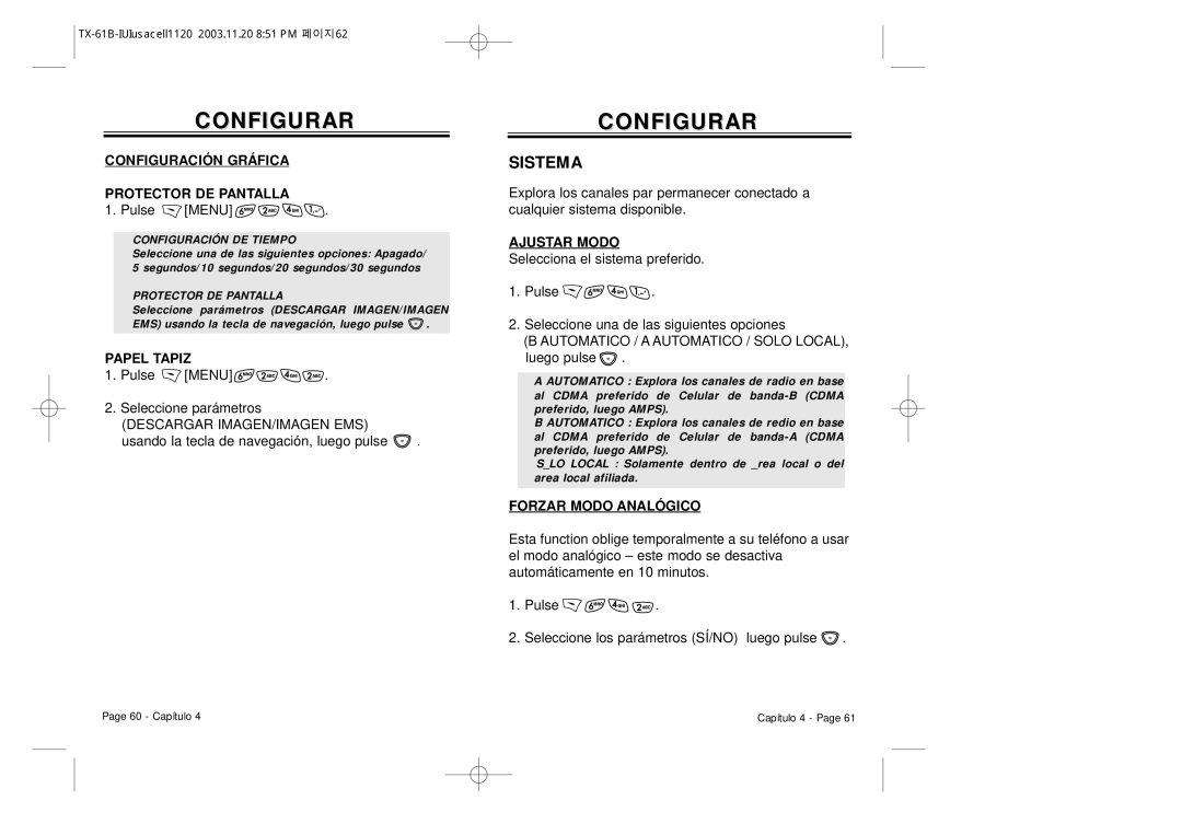 Audiovox CDM 8400 Sistema, Configuración Gráfica Protector DE Pantalla, Papel Tapiz, Pulse Menu Seleccione parámetros 