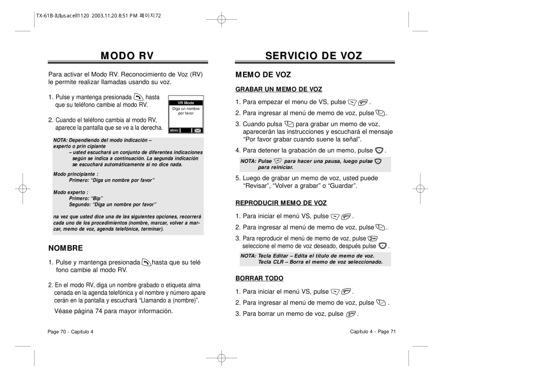 Audiovox CDM 8400 manual Modo RV, Servicio DE VOZ, Memo DE VOZ, Nombre 