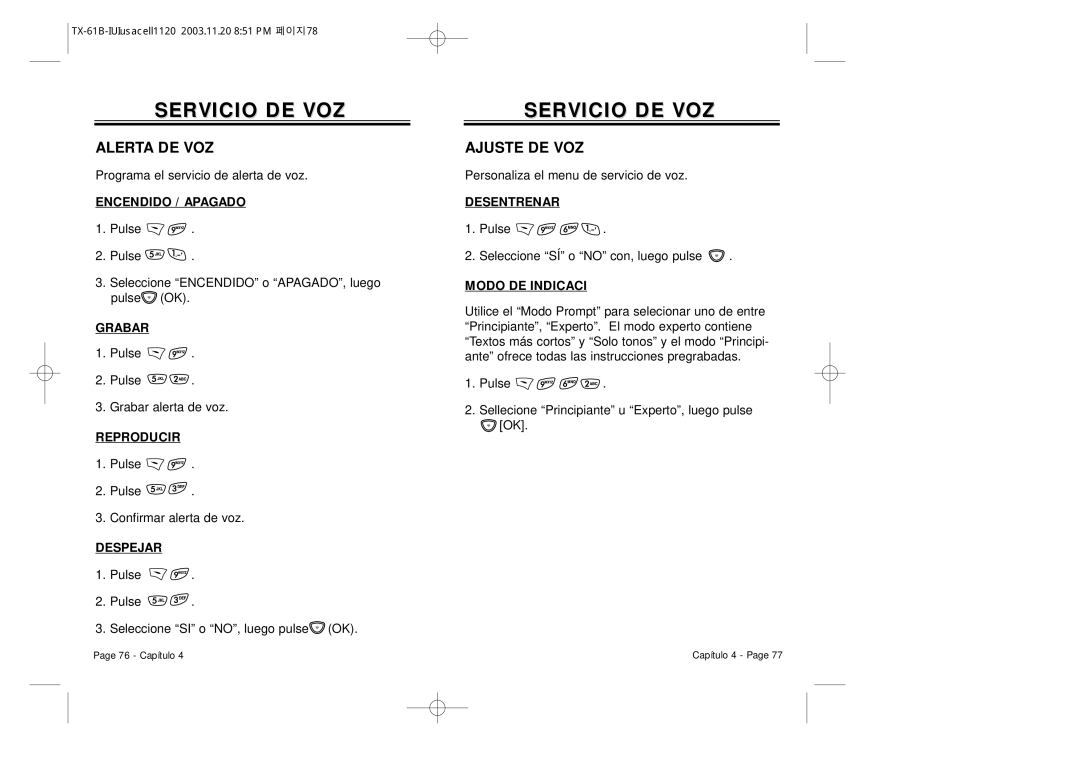 Audiovox CDM 8400 manual Alerta DE VOZ, Ajuste DE VOZ 