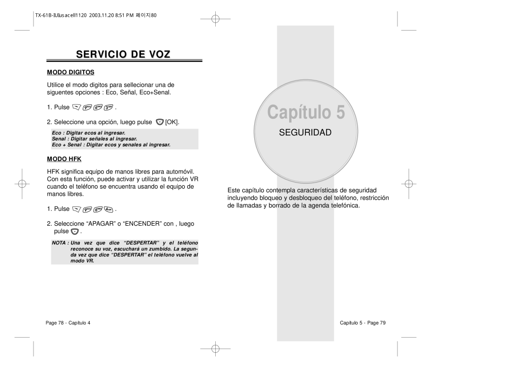 Audiovox CDM 8400 manual Seguridad, Modo Digitos, Modo HFK 