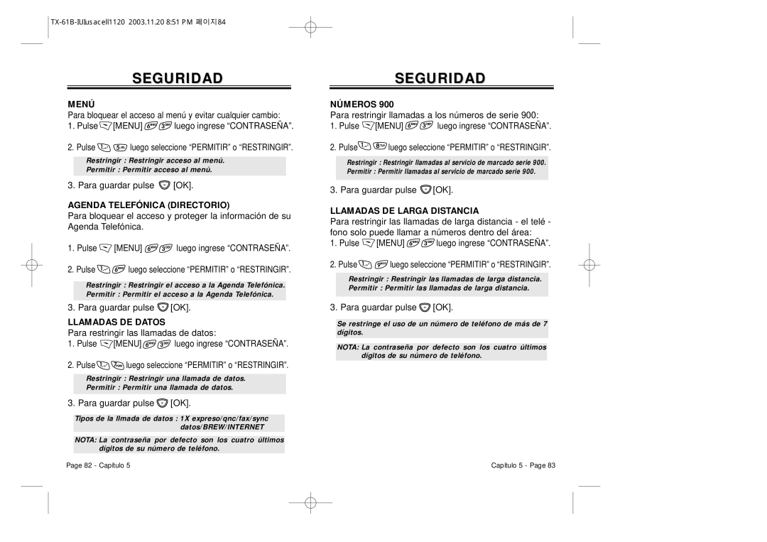 Audiovox CDM 8400 manual Menú, Agenda Telefónica Directorio, Llamadas DE Datos, Números, Llamadas DE Larga Distancia 