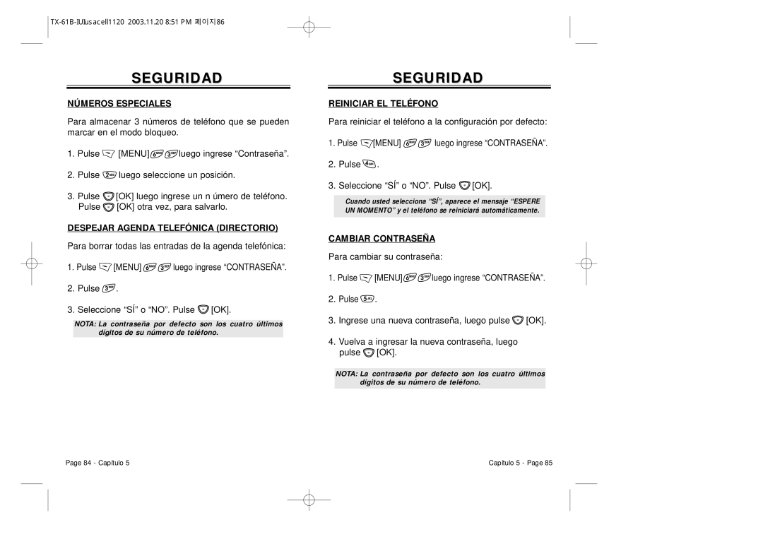 Audiovox CDM 8400 Números Especiales, Despejar Agenda Telefónica Directorio, Reiniciar EL Teléfono, Cambiar Contraseña 