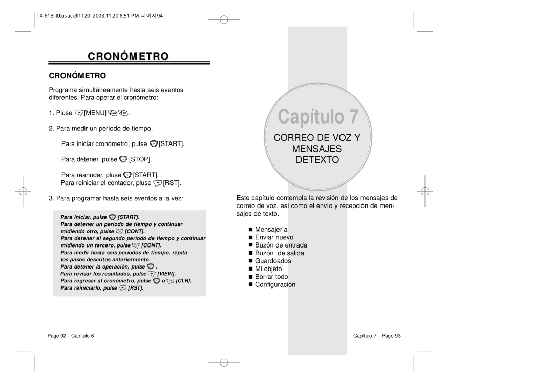 Audiovox CDM 8400 manual Cronómetro, Correo DE VOZ Y Mensajes Detexto 