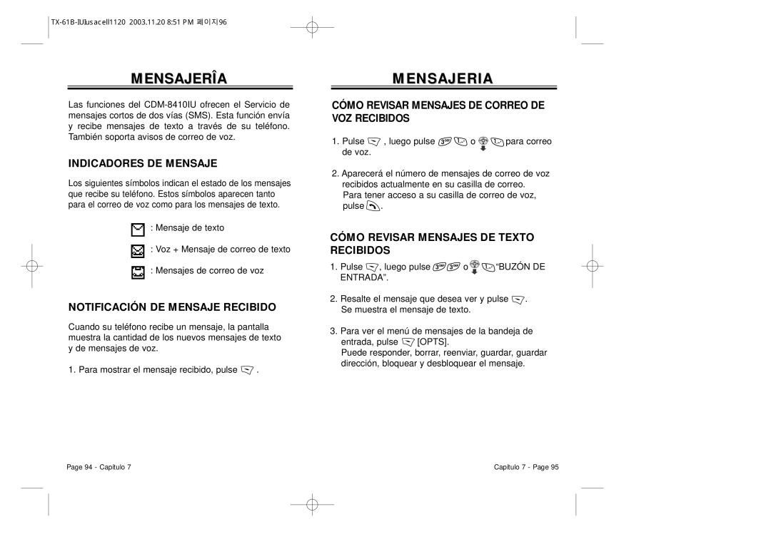 Audiovox CDM 8400 manual Mensajerîa, Mensajeria, Indicadores DE Mensaje, Notificación DE Mensaje Recibido 