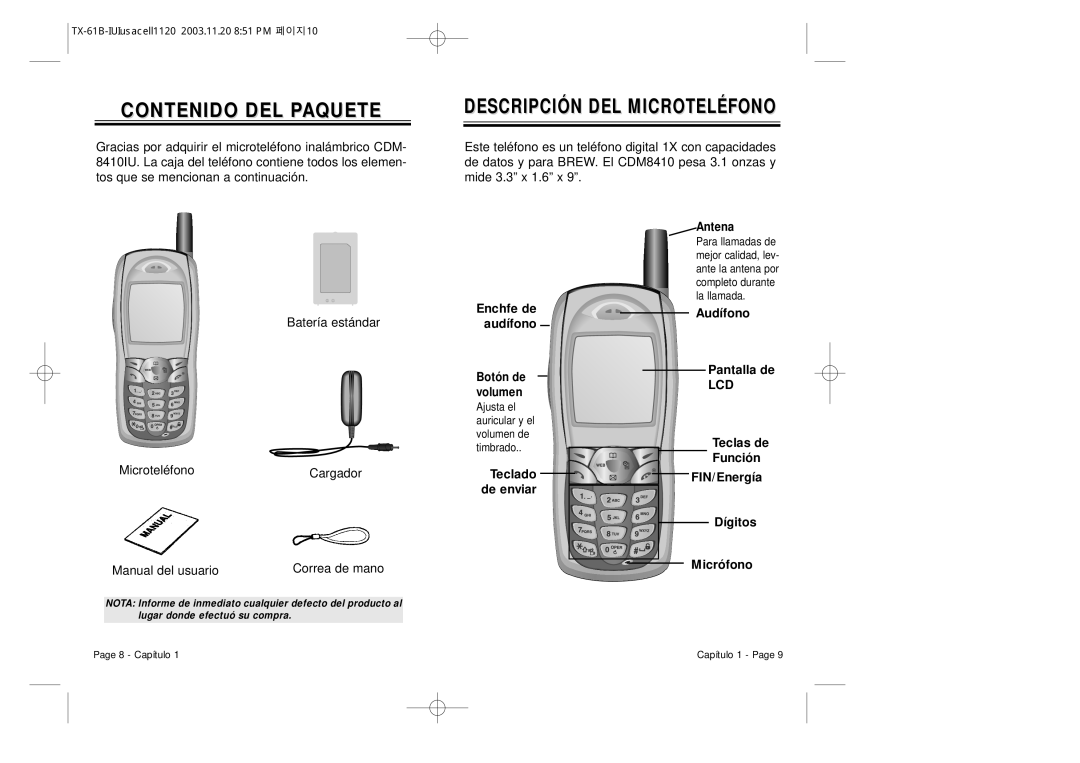 Audiovox CDM 8400 manual Contenido DEL Paquete, Descripción DEL Microteléfonoo, Lcd 