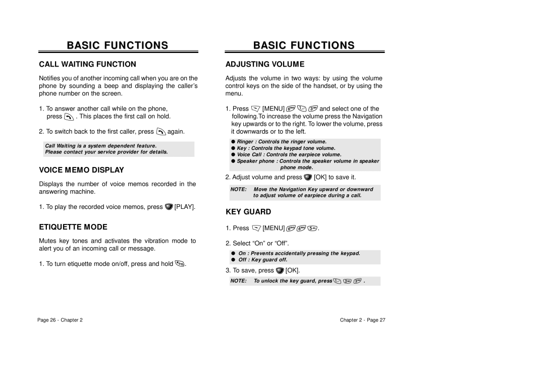 Audiovox CDM-8410 owner manual Call Waiting Function, Voice Memo Display, Etiquette Mode, Adjusting Volume, KEY Guard 