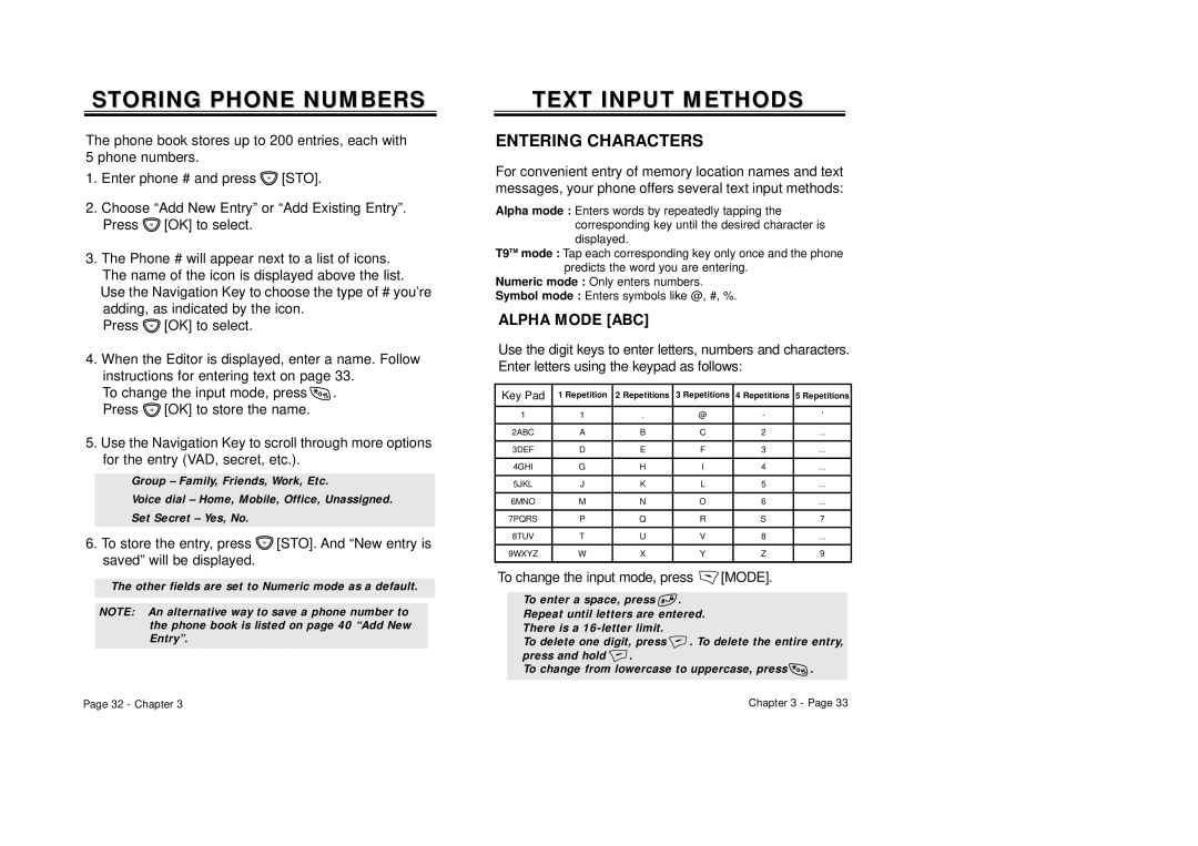 Audiovox CDM-8410 owner manual Storing Phone Numbers, Entering Characters, To change the input mode, press Mode 