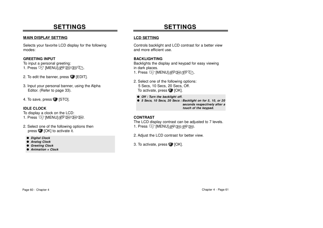 Audiovox CDM-8410 owner manual Main Display Setting, Greeting Input, Idle Clock, LCD Setting, Backlighting, Contrast 