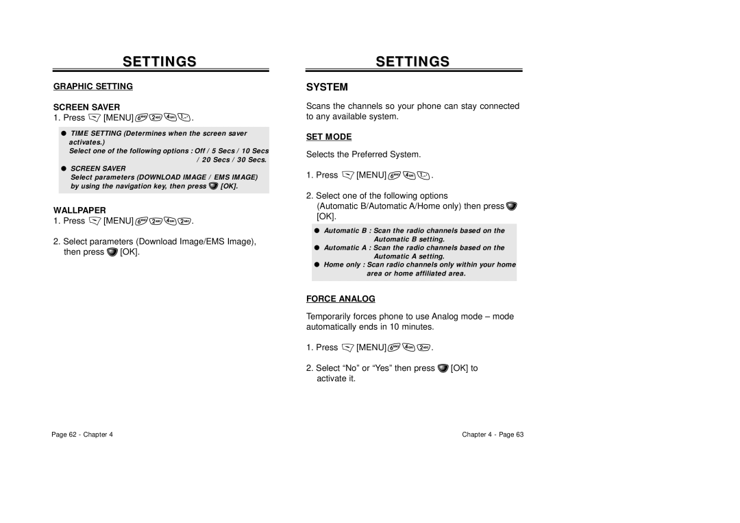 Audiovox CDM-8410 owner manual System, Graphic Setting Screen Saver, Wallpaper, SET Mode, Force Analog 