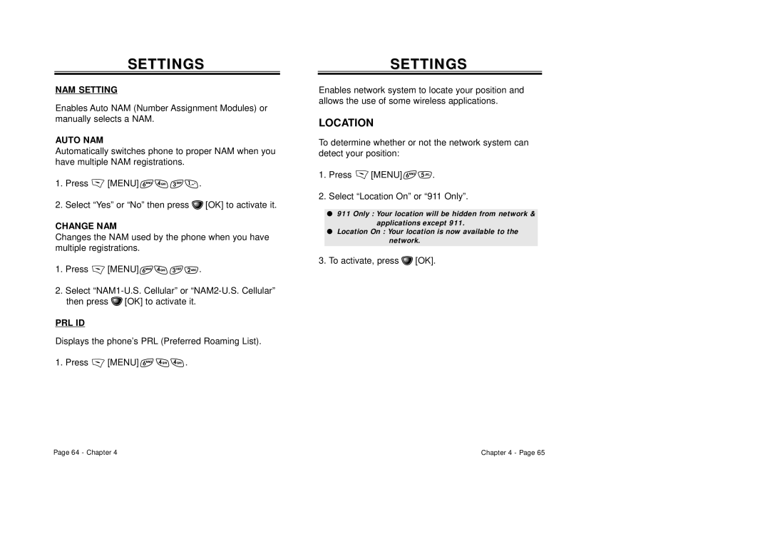 Audiovox CDM-8410 NAM Setting, Auto NAM, Change NAM, Prl Id, Displays the phone’s PRL Preferred Roaming List Press Menu 