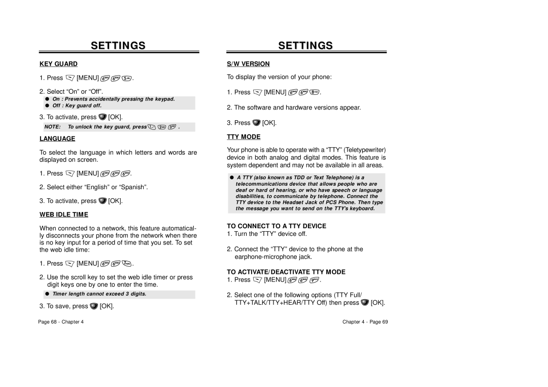 Audiovox CDM-8410 owner manual KEY Guard, Language, WEB Idle Time, Version, TTY Mode, To Connect to a TTY Device 