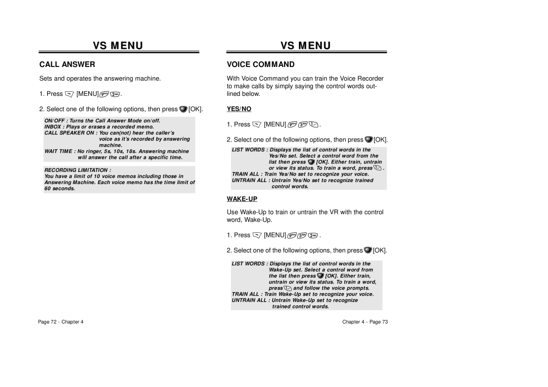 Audiovox CDM-8410 owner manual VS Menu, Call Answer, Voice Command, Yes/No, Wake-Up 