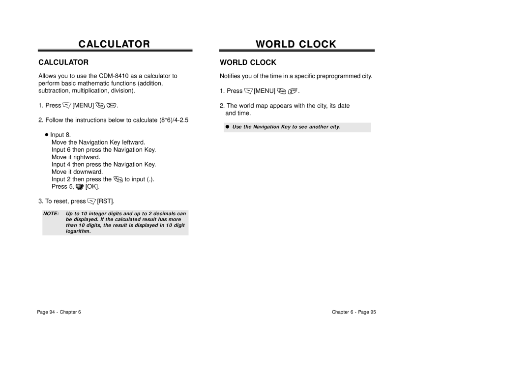 Audiovox CDM-8410 owner manual Calculator, World Clock 