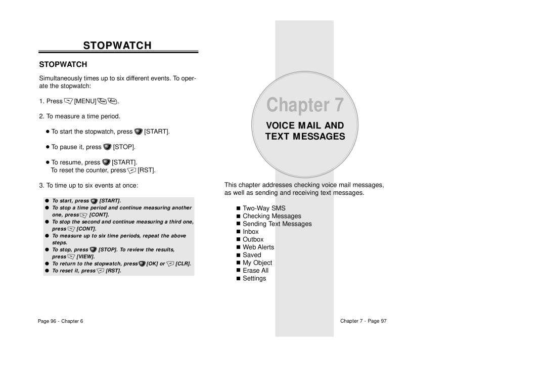 Audiovox CDM-8410 owner manual Stopwatch, Voice Mail Text Messages 