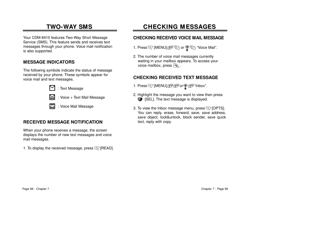 Audiovox CDM-8410 Two-Way Sms, Message Indicators, Received Message Notification, Checking Received Text Message 