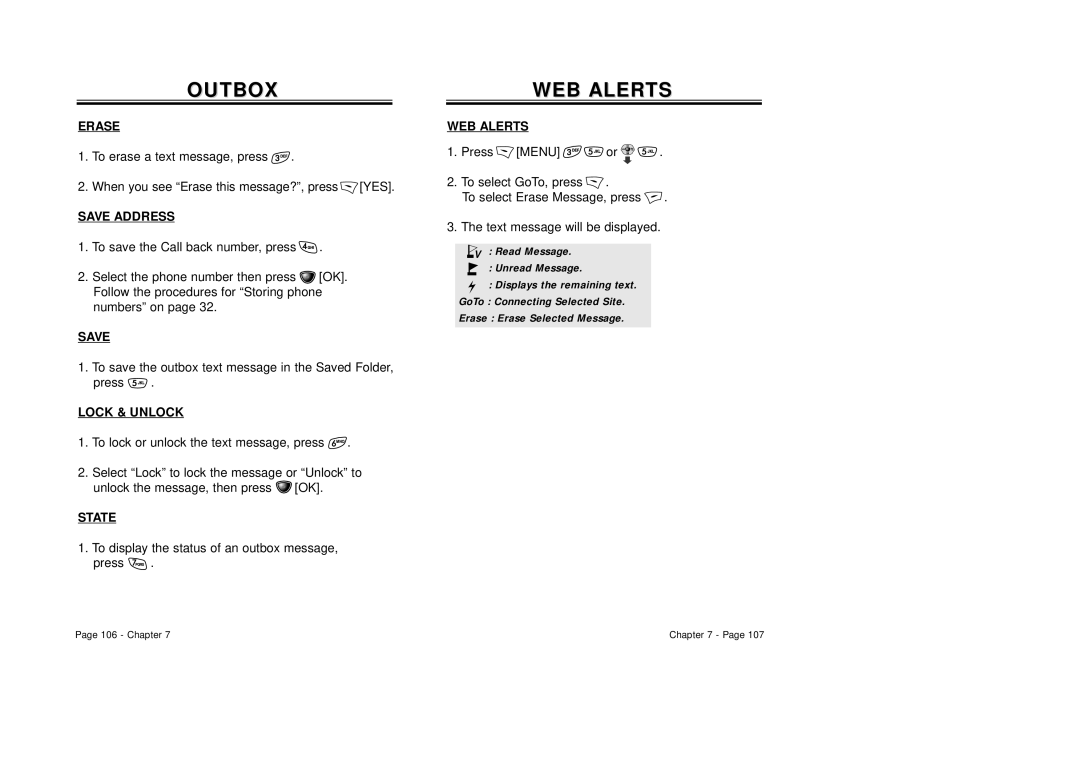 Audiovox CDM-8410 owner manual Outbox, To save the outbox text message in the Saved Folder Press, State, WEB Alerts 