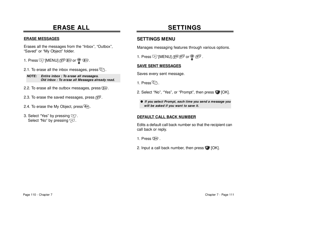 Audiovox CDM-8410 owner manual Erase ALL, Settings Menu, Erase Messages, Save Sent Messages, Default Call Back Number 