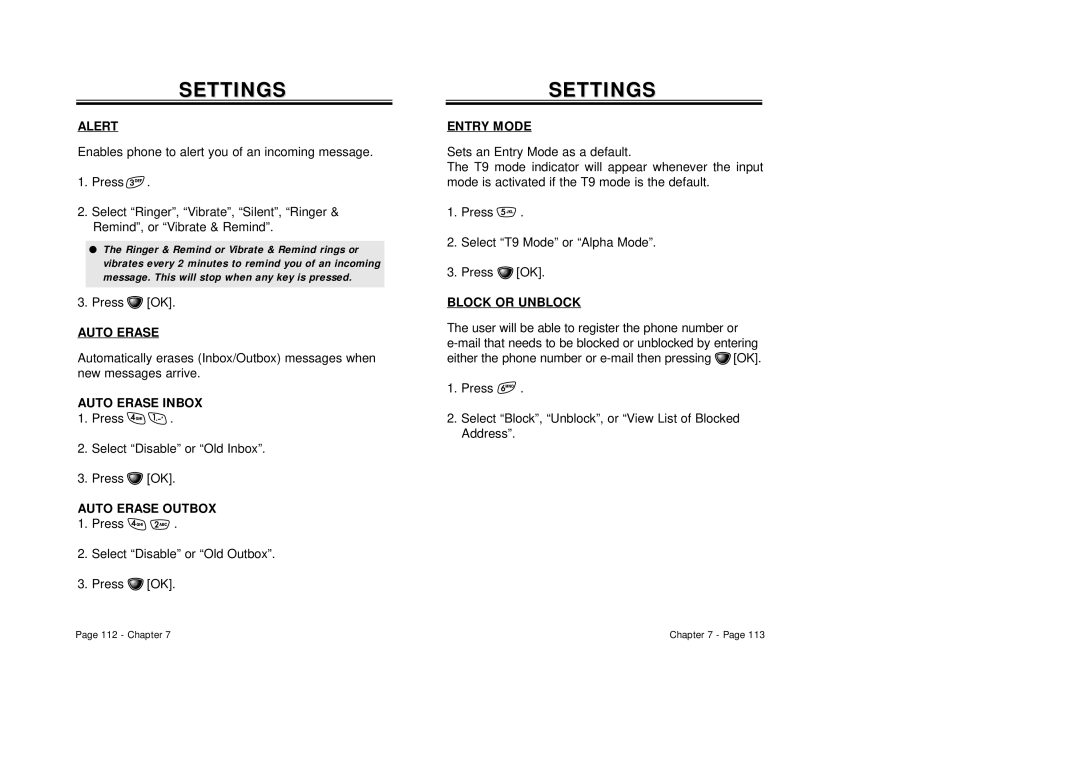 Audiovox CDM-8410 owner manual Auto Erase Inbox, Auto Erase Outbox, Entry Mode, Block or Unblock 