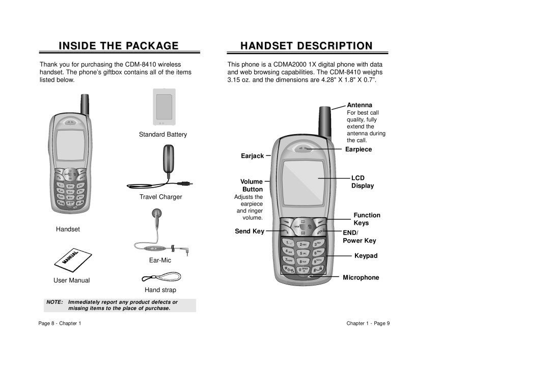 Audiovox CDM-8410 owner manual Inside the Package, Lcd, End, Hand strap 