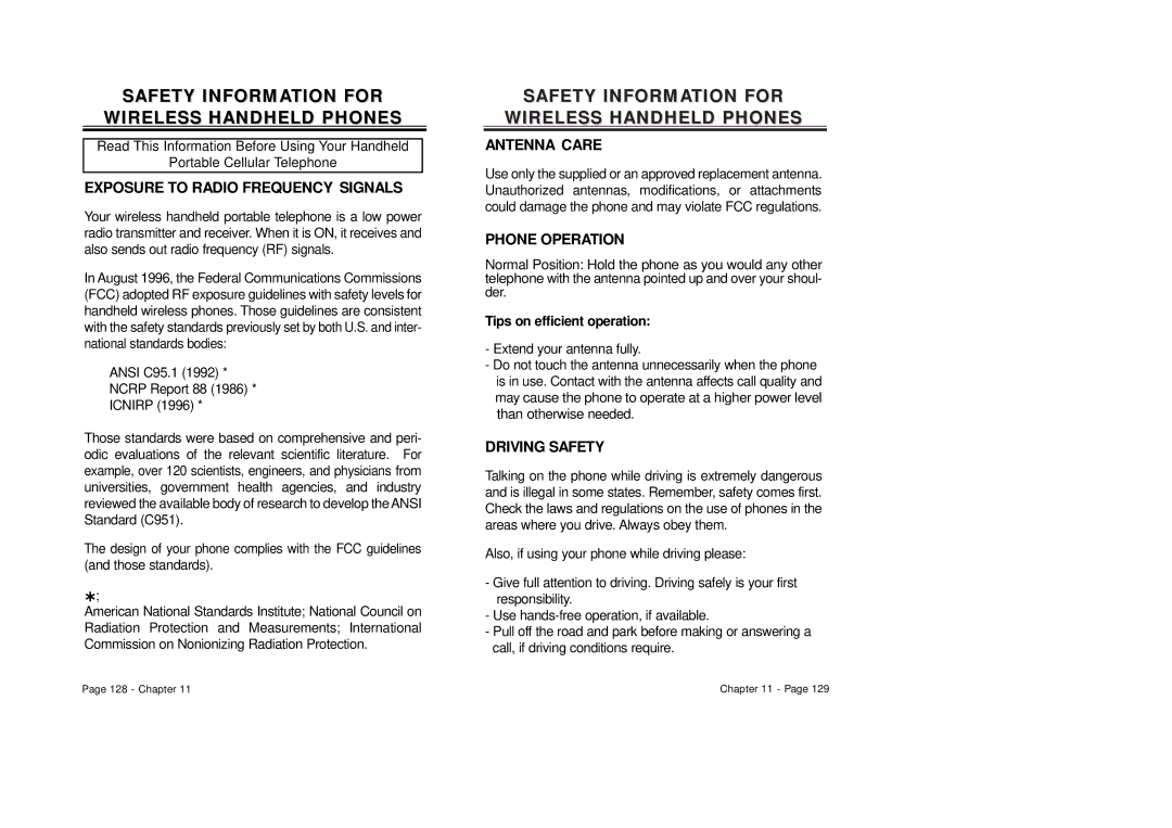 Audiovox CDM-8410 owner manual Safety Information for Wireless Handheld Phones, Ansi C95.1 Ncrp Report 88 Icnirp 