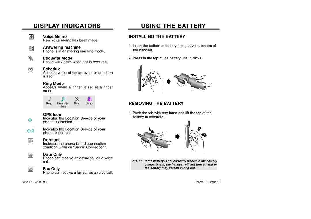 Audiovox CDM-8410 owner manual Display Indicators, Installing the Battery, Removing the Battery 