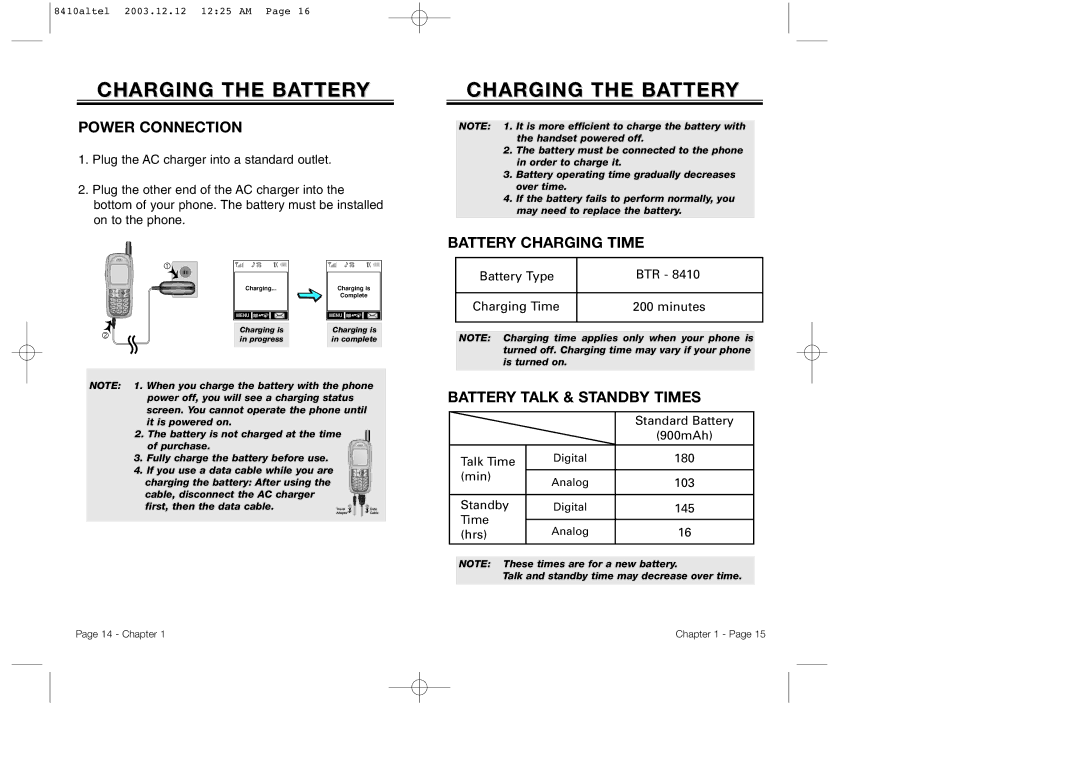 Audiovox CDM 8410 owner manual Charging the Battery, Power Connection, Battery Charging Time, Battery Talk & Standby Times 