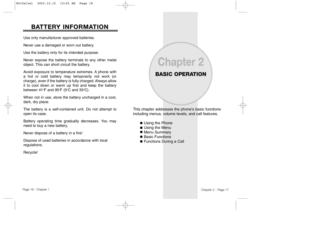 Audiovox CDM 8410 owner manual Battery Information, Basic Operation 