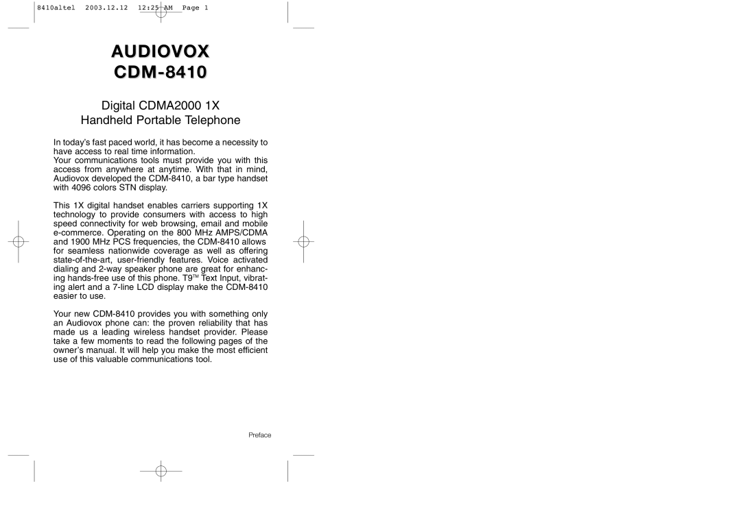 Audiovox CDM 8410 owner manual Audiovox 