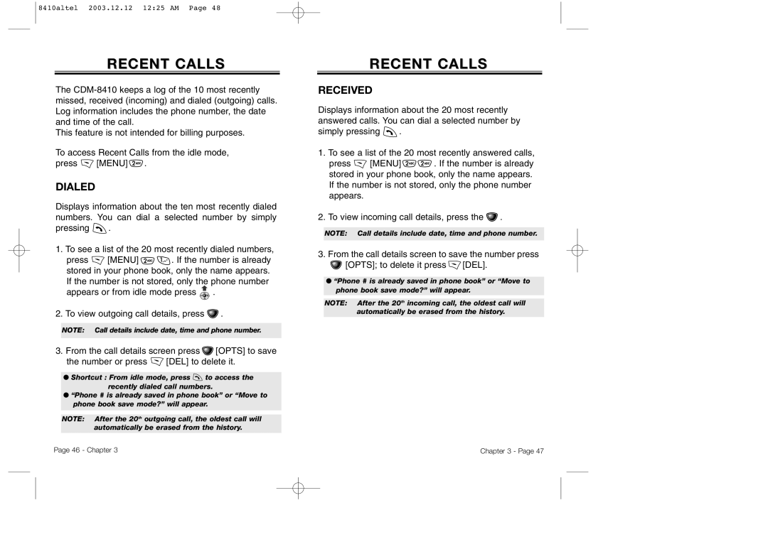 Audiovox CDM 8410 owner manual Recent Calls, Dialed, Received 