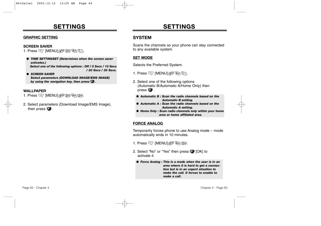 Audiovox CDM 8410 owner manual System, Graphic Setting Screen Saver, Wallpaper, SET Mode, Force Analog 