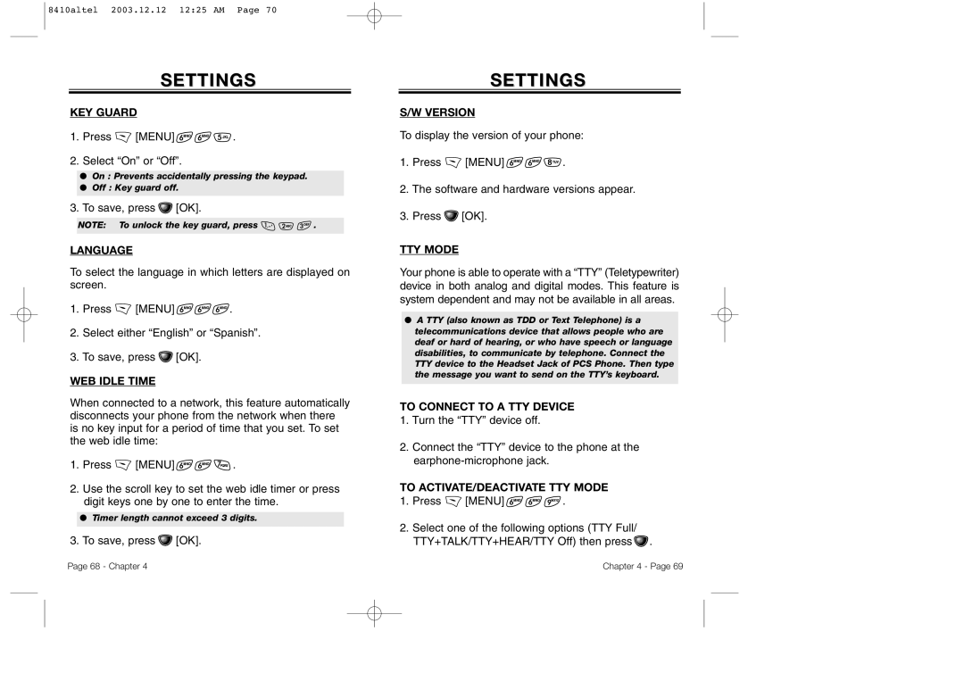 Audiovox CDM 8410 Language, WEB Idle Time, Version, To Connect to a TTY Device, To ACTIVATE/DEACTIVATE TTY Mode 