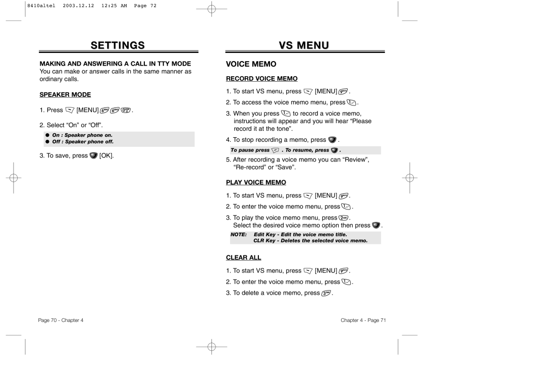 Audiovox CDM 8410 owner manual VS Menu, Voice Memo 