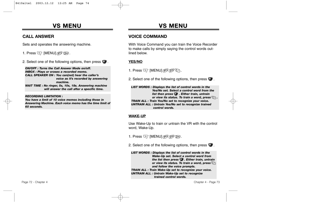 Audiovox CDM 8410 Call Answer, Voice Command, Yes/No, Press Menu Select one of the following options, then press, Wake-Up 