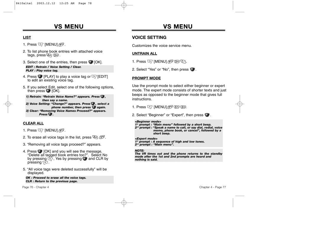 Audiovox CDM 8410 Voice Setting, Customizes the voice service menu, Untrain ALL, Press Menu Select Yes or No, then press 