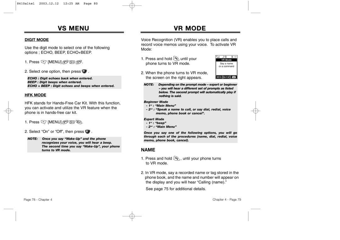 Audiovox CDM 8410 owner manual VR Mode, Name, Digit Mode, HFK Mode 