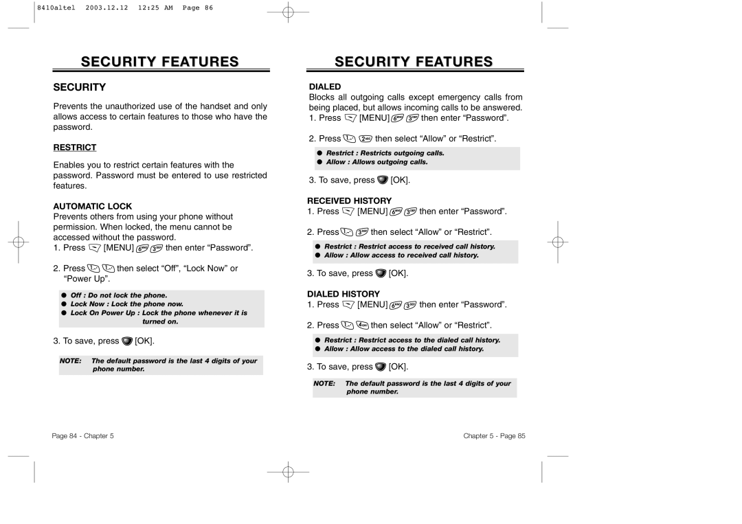 Audiovox CDM 8410 owner manual Security Features 