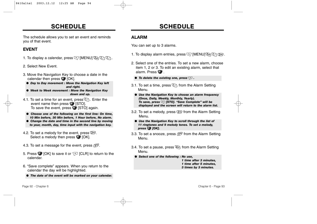 Audiovox CDM 8410 owner manual Schedule, Event, To set a time, press from the Alarm Setting Menu 